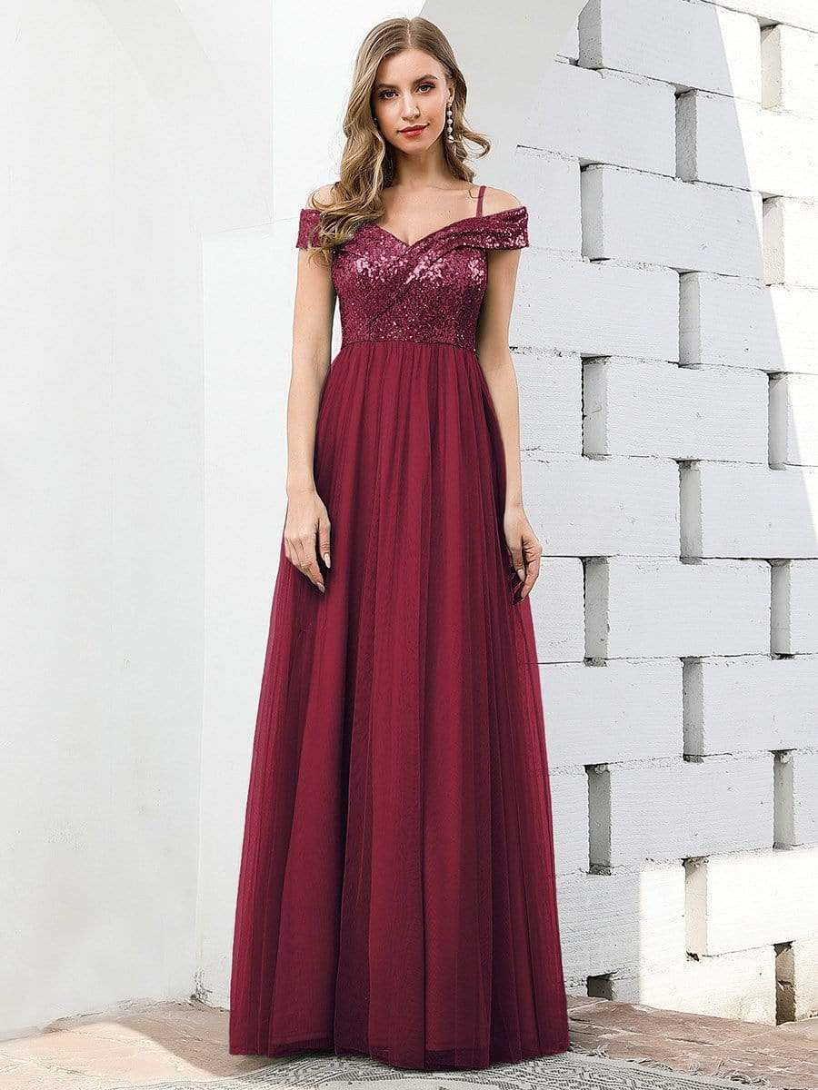 Color=Burgundy | Romantic Off Shoulder V Neck Tulle Bridesmaid Dress With Strap-Burgundy 4 Color=Burgundy | Romantic Off Shoulder V Neck Tulle Bridesmaid Dress With Strap-Burgundy 4