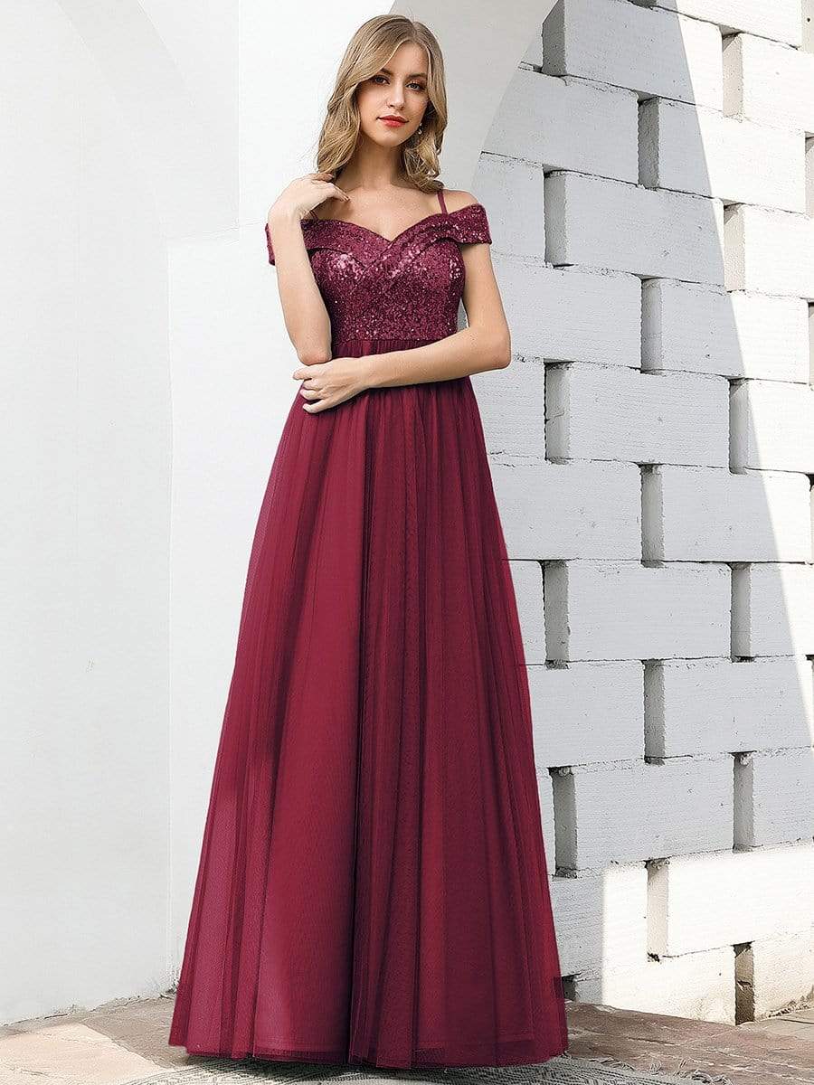 Color=Burgundy | Romantic Off Shoulder V Neck Tulle Bridesmaid Dress With Strap-Burgundy 1 Color=Burgundy | Romantic Off Shoulder V Neck Tulle Bridesmaid Dress With Strap-Burgundy 1