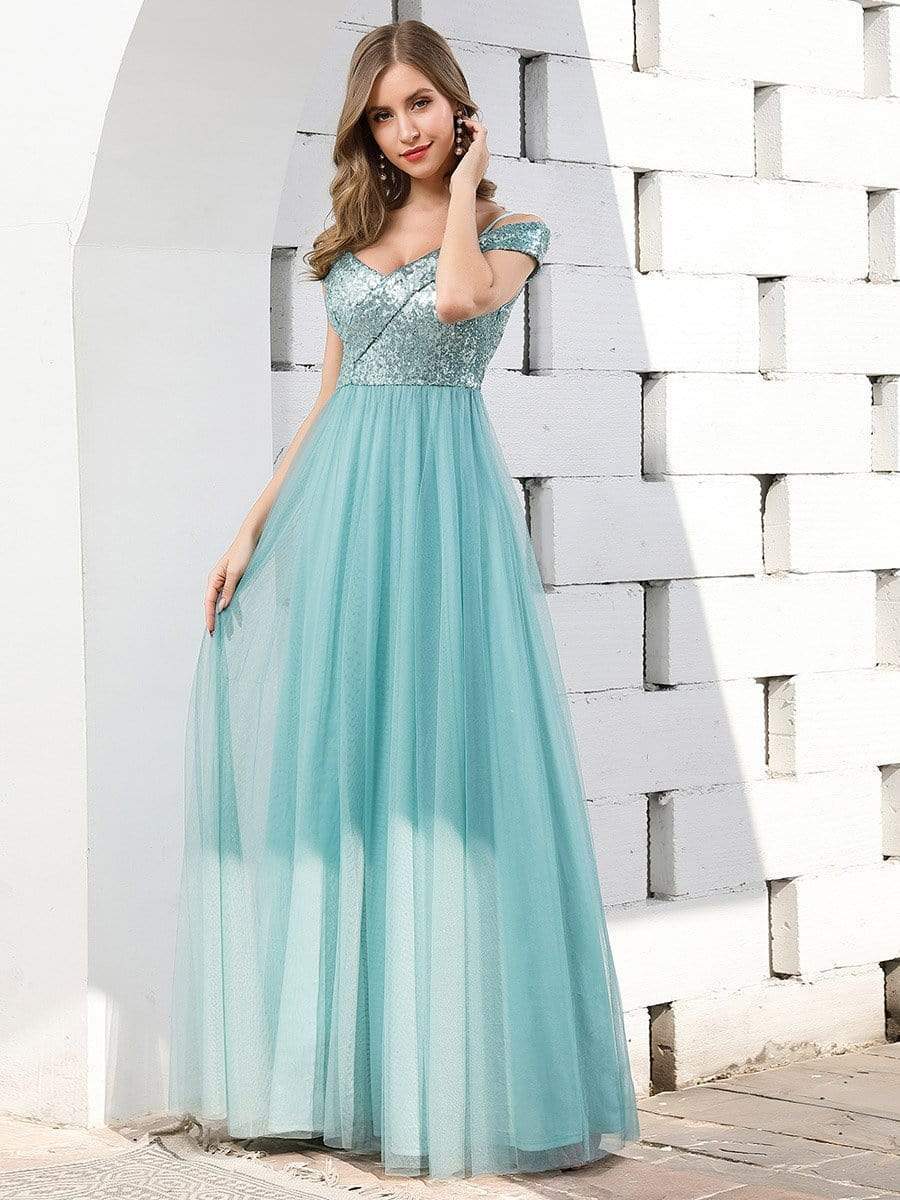 Color=Dusty Blue | Romantic Off Shoulder V Neck Tulle Bridesmaid Dress with Strap-Dusty Blue 3 Color=Dusty Blue | Romantic Off Shoulder V Neck Tulle Bridesmaid Dress with Strap-Dusty Blue 3
