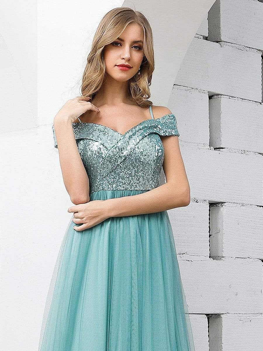 Color=Dusty Blue | Romantic Off Shoulder V Neck Tulle Bridesmaid Dress with Strap-Dusty Blue 5 Color=Dusty Blue | Romantic Off Shoulder V Neck Tulle Bridesmaid Dress with Strap-Dusty Blue 5