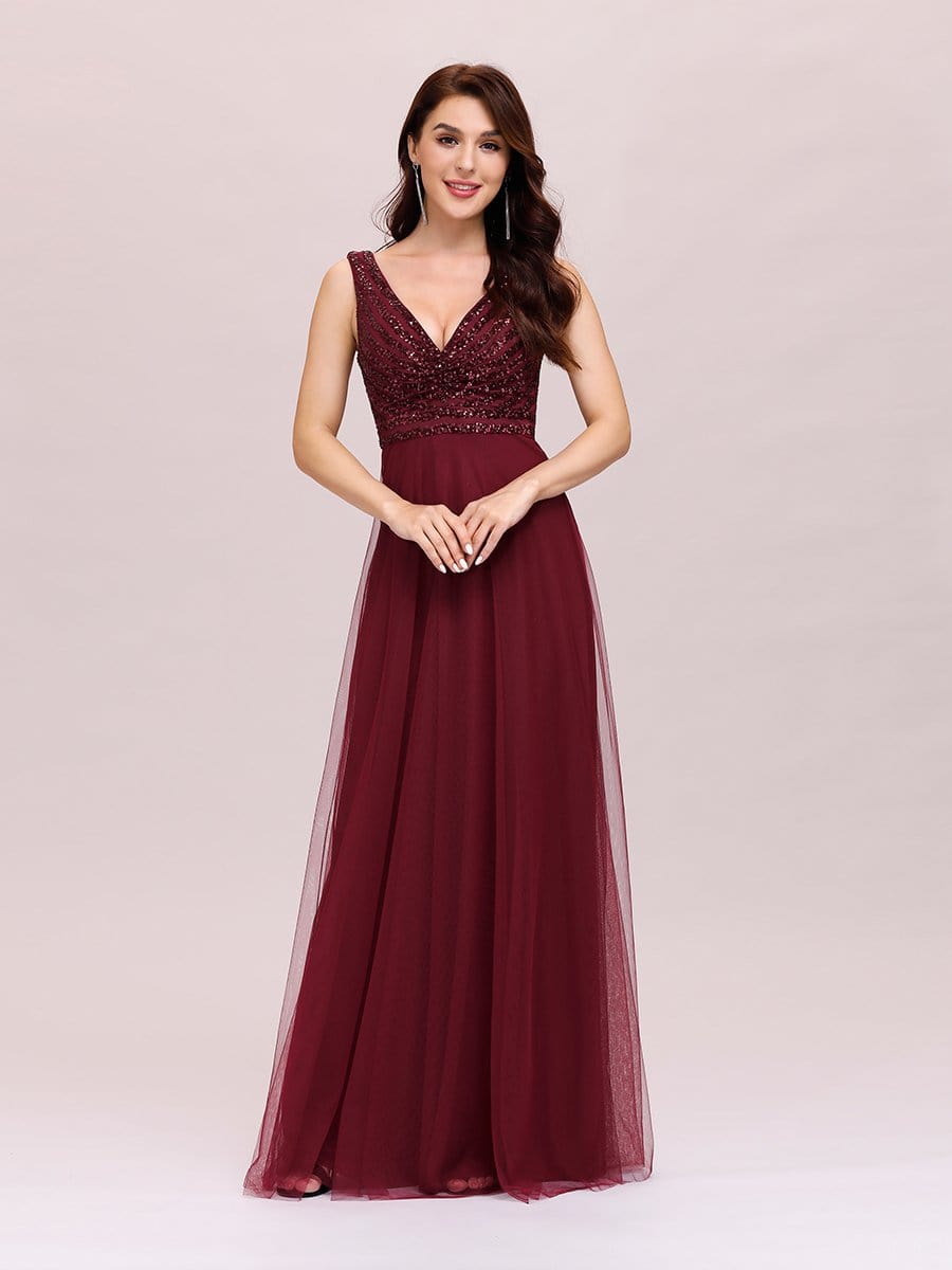 Color=Burgundy | Double V Neckline Flowy Tulle Evening Dress With Sequin Stripes-Burgundy 1 Color=Burgundy | Double V Neckline Flowy Tulle Evening Dress With Sequin Stripes-Burgundy 1