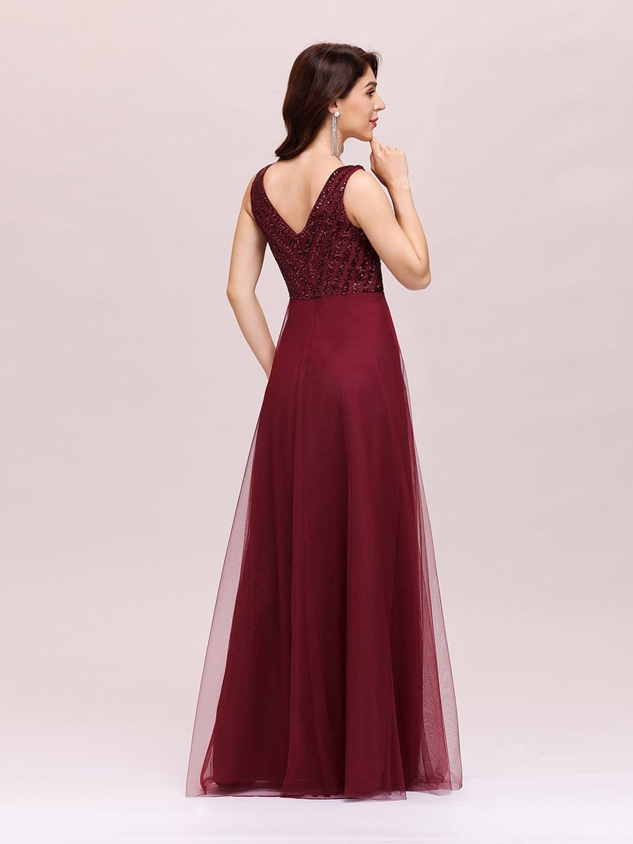 Color=Burgundy | Double V Neckline Flowy Tulle Evening Dress With Sequin Stripes-Burgundy 2 Color=Burgundy | Double V Neckline Flowy Tulle Evening Dress With Sequin Stripes-Burgundy 2