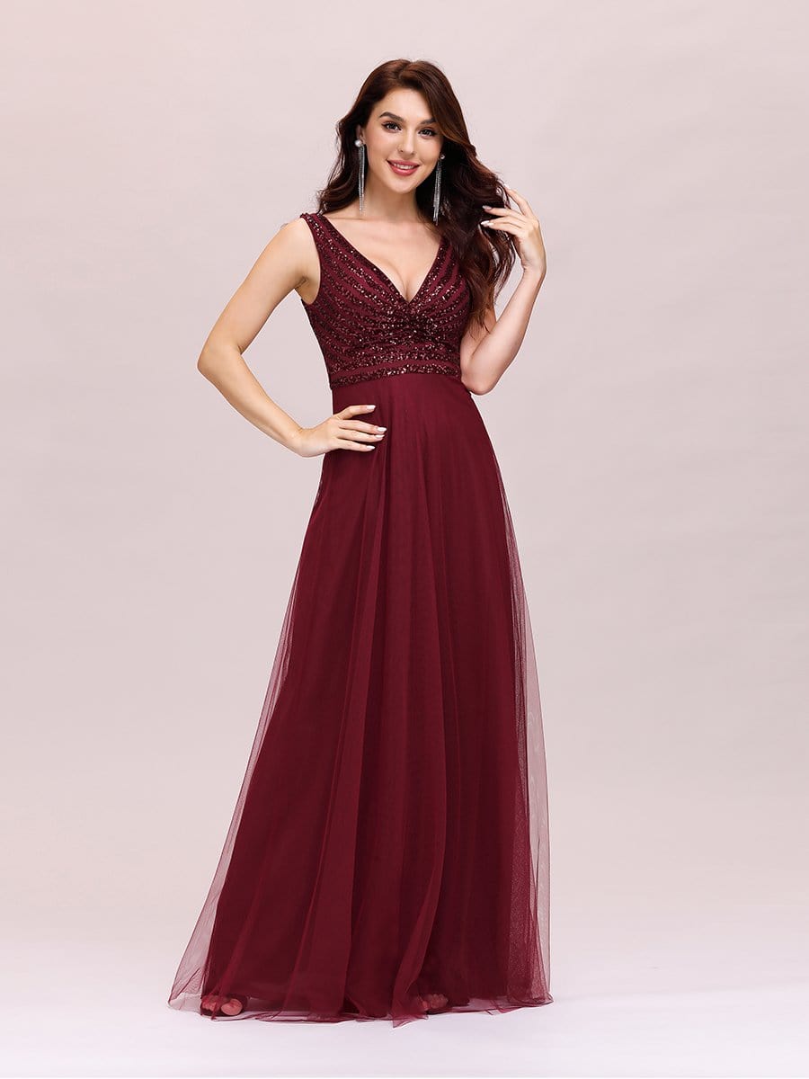 Color=Burgundy | Double V Neckline Flowy Tulle Evening Dress With Sequin Stripes-Burgundy 3 Color=Burgundy | Double V Neckline Flowy Tulle Evening Dress With Sequin Stripes-Burgundy 3