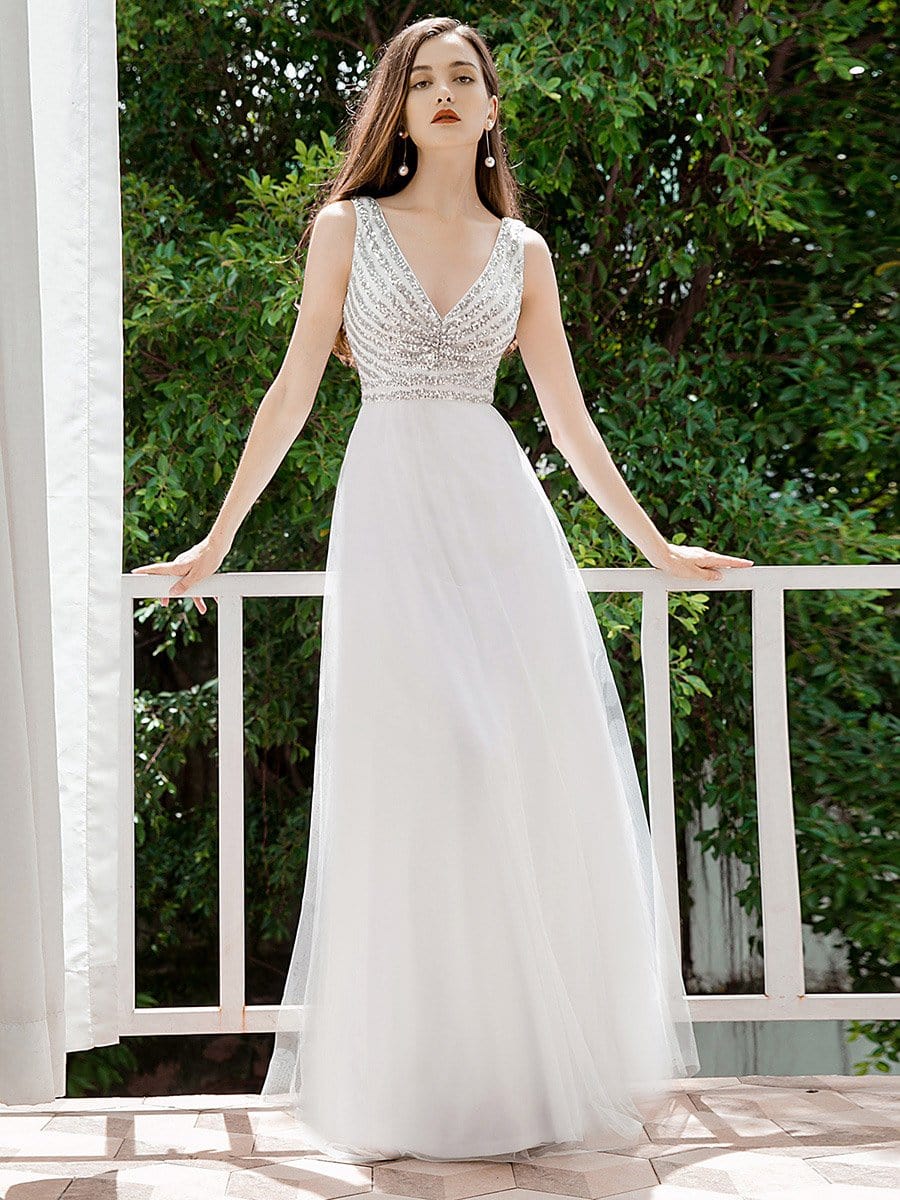 Color=White | Double V Neckline Flowy Tulle Evening Dress With Sequin Stripes-White 3 Color=White | Double V Neckline Flowy Tulle Evening Dress With Sequin Stripes-White 3