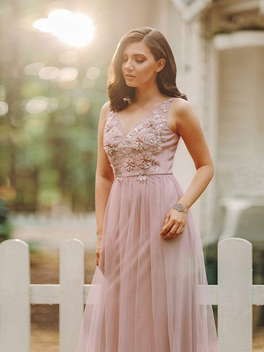 Color=Pink | Floral Appliqued V Neck Floor Length Tulle Bridesmaid Dress-Pink 2 Color=Pink | Floral Appliqued V Neck Floor Length Tulle Bridesmaid Dress-Pink 2