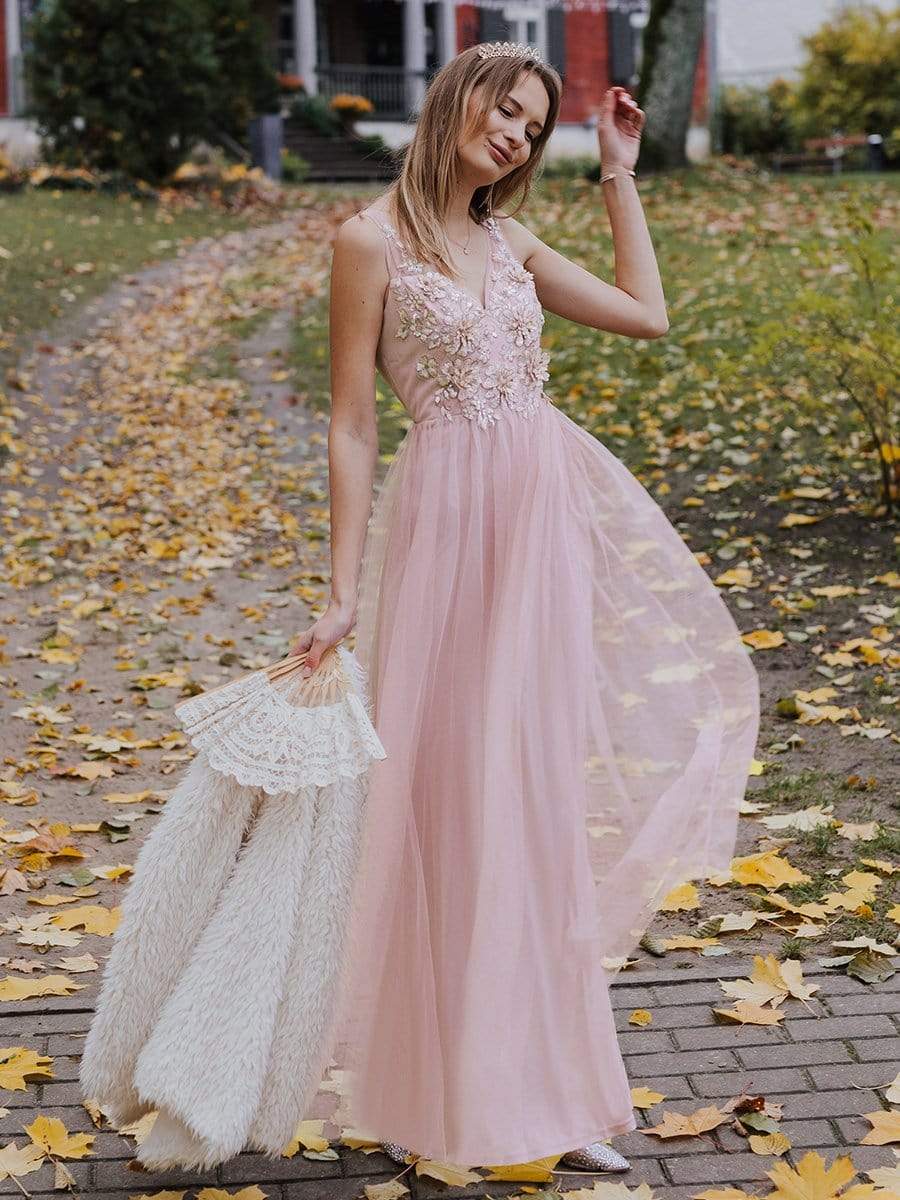 Color=Pink | Floral Appliqued V Neck Floor Length Tulle Bridesmaid Dress-Pink 4 Color=Pink | Floral Appliqued V Neck Floor Length Tulle Bridesmaid Dress-Pink 4