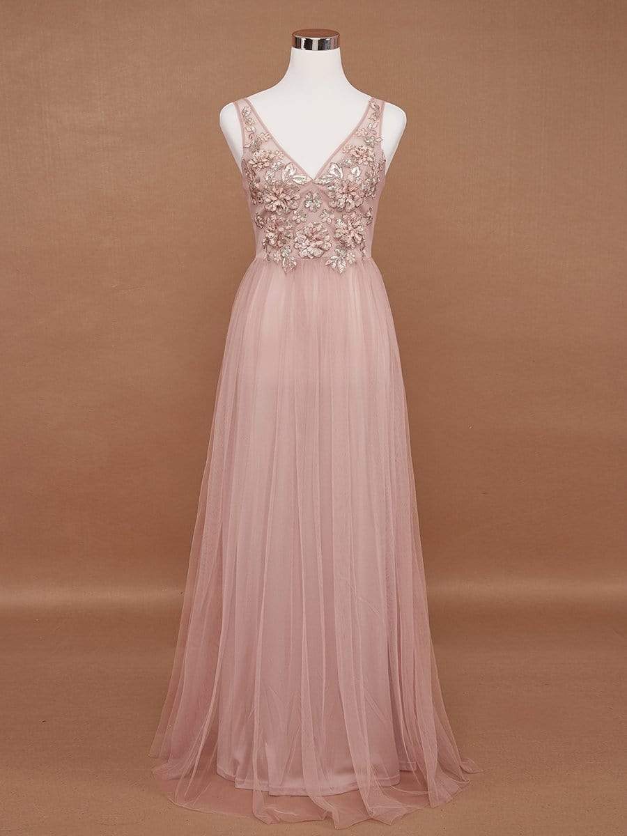 Color=Pink | Floral Appliqued V Neck Floor Length Tulle Bridesmaid Dress-Pink 7 Color=Pink | Floral Appliqued V Neck Floor Length Tulle Bridesmaid Dress-Pink 7
