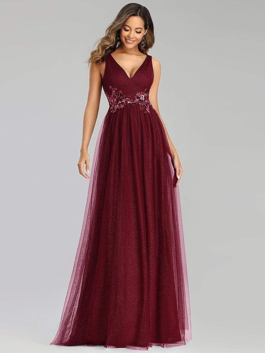 Color=Burgundy | Elegant Deep Double V Neck Tulle Evening Dress With Appliques-Burgundy 6 Color=Burgundy | Elegant Deep Double V Neck Tulle Evening Dress With Appliques-Burgundy 6