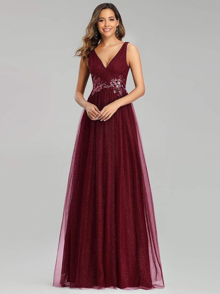 Color=Burgundy | Elegant Deep Double V Neck Tulle Evening Dress With Appliques-Burgundy 4 Color=Burgundy | Elegant Deep Double V Neck Tulle Evening Dress With Appliques-Burgundy 4