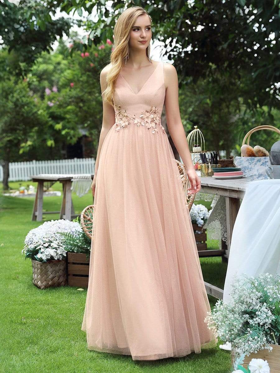 Color=Blush | Elegant Deep Double V Neck Tulle Evening Dress With Appliques-Blush 3 Color=Blush | Elegant Deep Double V Neck Tulle Evening Dress With Appliques-Blush 3