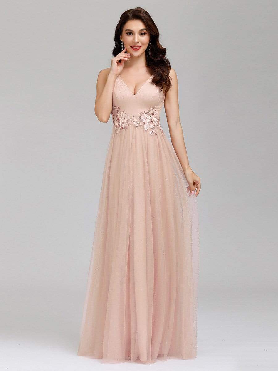 Color=Blush | Elegant Deep Double V Neck Tulle Evening Dress With Appliques-Blush 6 Color=Blush | Elegant Deep Double V Neck Tulle Evening Dress With Appliques-Blush 6