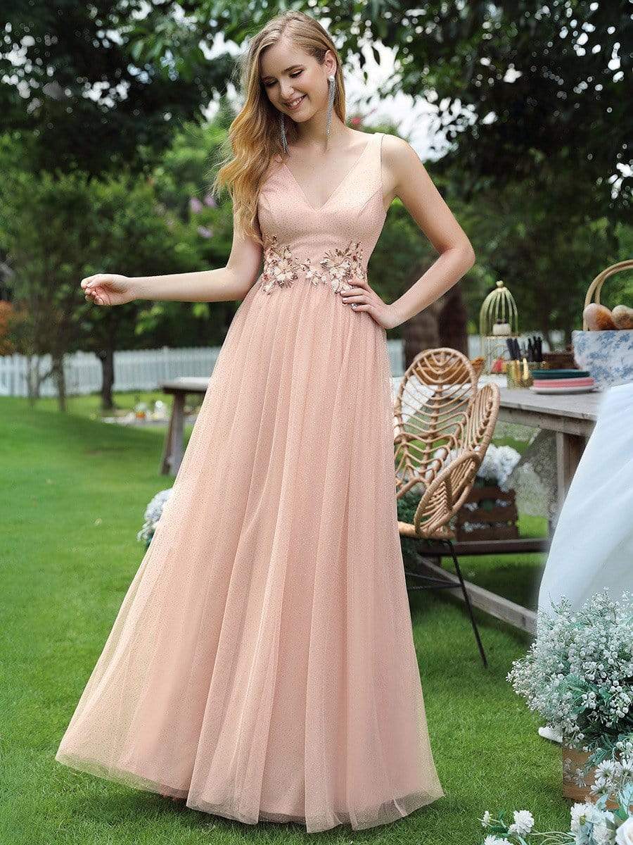 Color=Blush | Elegant Deep Double V Neck Tulle Evening Dress With Appliques-Blush 1 Color=Blush | Elegant Deep Double V Neck Tulle Evening Dress With Appliques-Blush 1