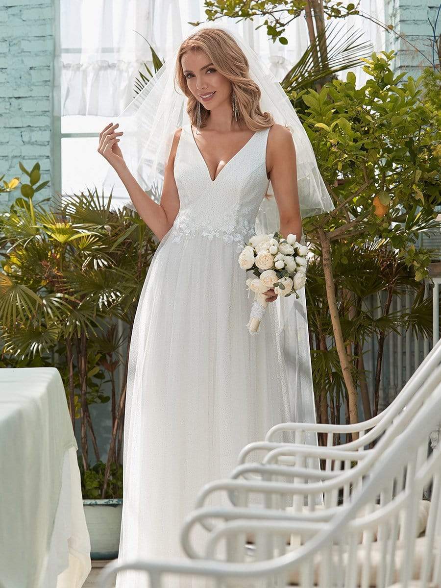 Color=Cream | Romantic V Neck Tulle Wedding Dress With Appliques-Cream 3 Color=Cream | Romantic V Neck Tulle Wedding Dress With Appliques-Cream 3