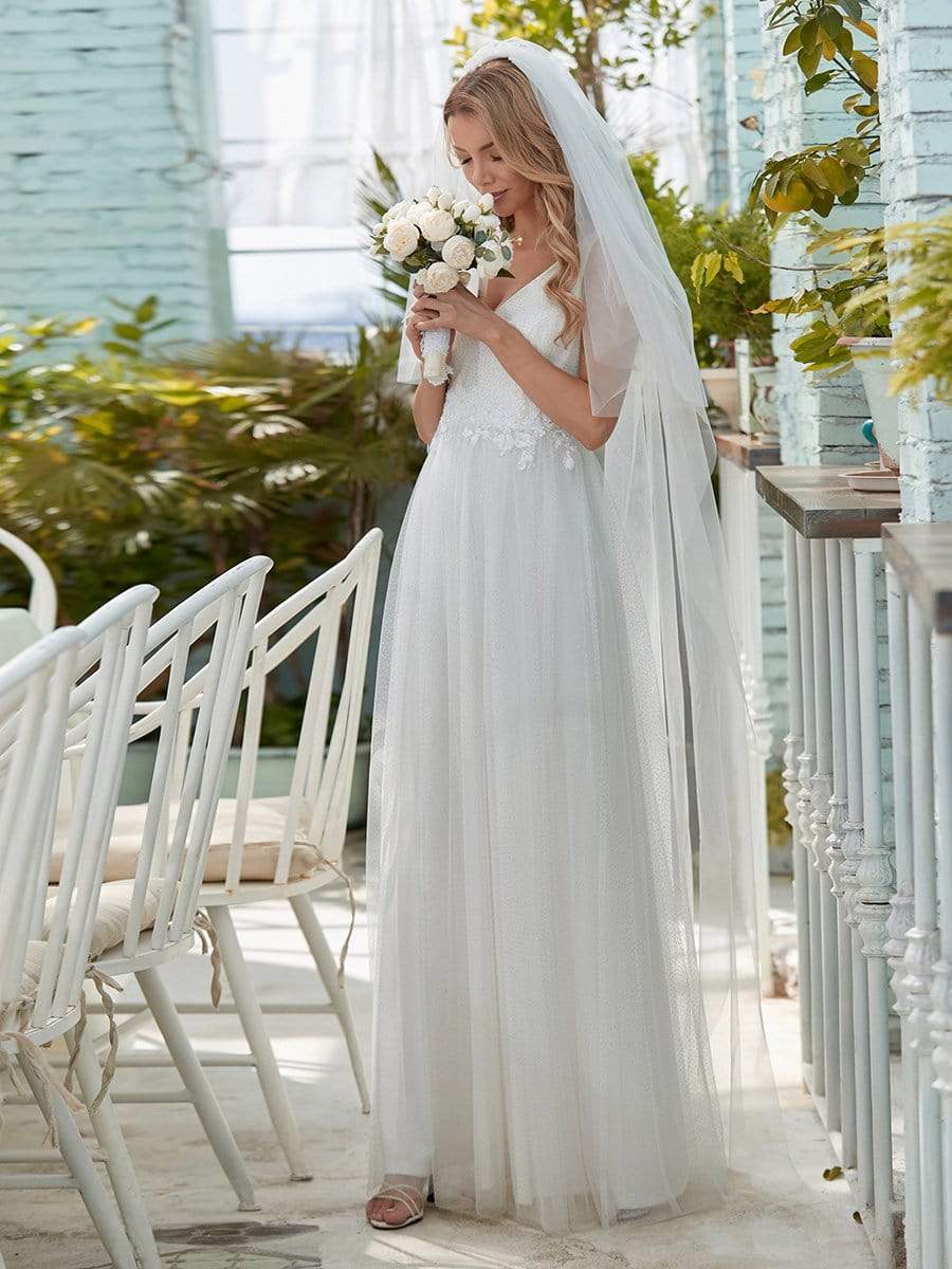 Color=Cream | Romantic V Neck Tulle Wedding Dress With Appliques-Cream 4 Color=Cream | Romantic V Neck Tulle Wedding Dress With Appliques-Cream 4