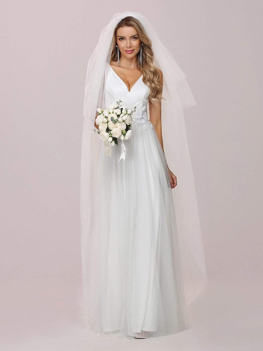 Color=Cream | Romantic V Neck Tulle Wedding Dress With Appliques-Cream 7 Color=Cream | Romantic V Neck Tulle Wedding Dress With Appliques-Cream 7