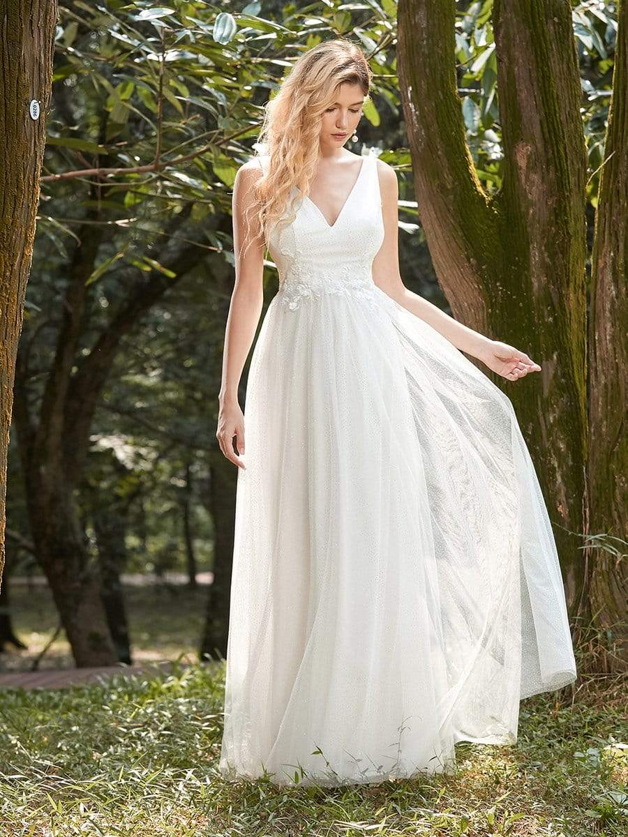 Color=Cream | Elegant Deep Double V Neck Tulle Evening Dress With Appliques-Cream 1 Color=Cream | Elegant Deep Double V Neck Tulle Evening Dress With Appliques-Cream 1