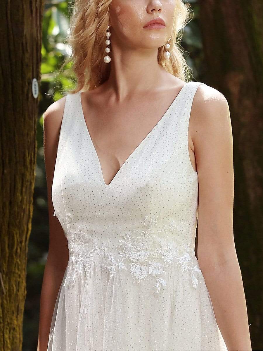 Color=Cream | Elegant Deep Double V Neck Tulle Evening Dress With Appliques-Cream 5 Color=Cream | Elegant Deep Double V Neck Tulle Evening Dress With Appliques-Cream 5