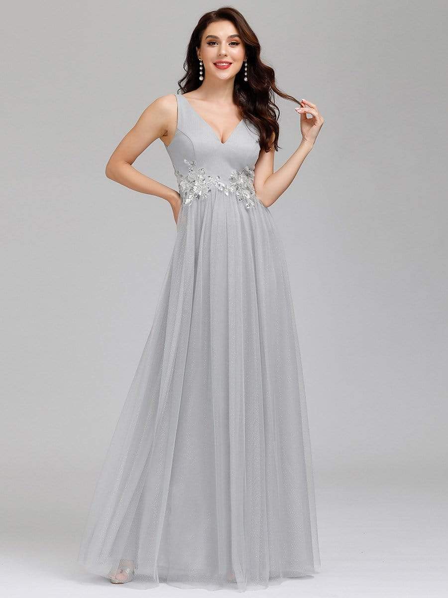Color=Grey | Elegant Deep Double V Neck Tulle Evening Dress With Appliques-Grey 9 Color=Grey | Elegant Deep Double V Neck Tulle Evening Dress With Appliques-Grey 9