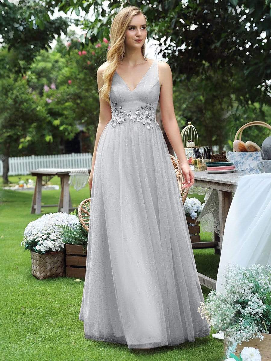 Color=Grey | Elegant Deep Double V Neck Tulle Evening Dress With Appliques-Grey 3 Color=Grey | Elegant Deep Double V Neck Tulle Evening Dress With Appliques-Grey 3