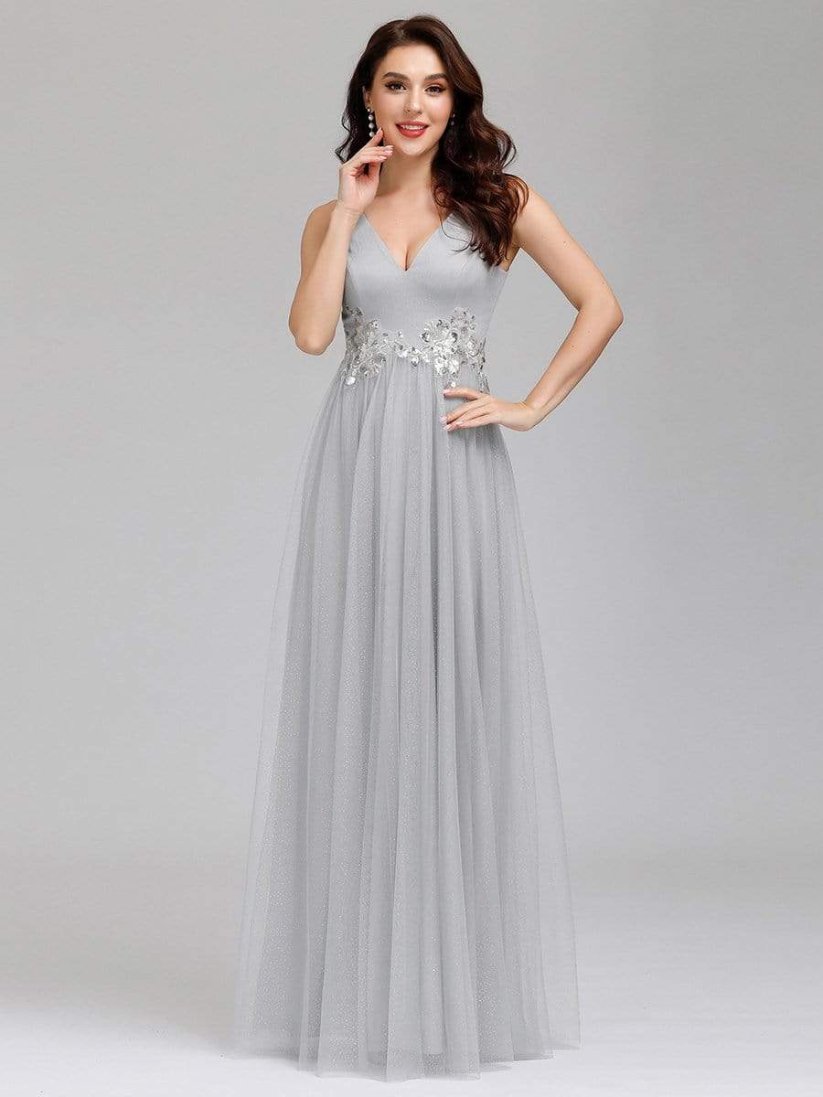 Color=Grey | Elegant Deep Double V Neck Tulle Evening Dress With Appliques-Grey 6 Color=Grey | Elegant Deep Double V Neck Tulle Evening Dress With Appliques-Grey 6
