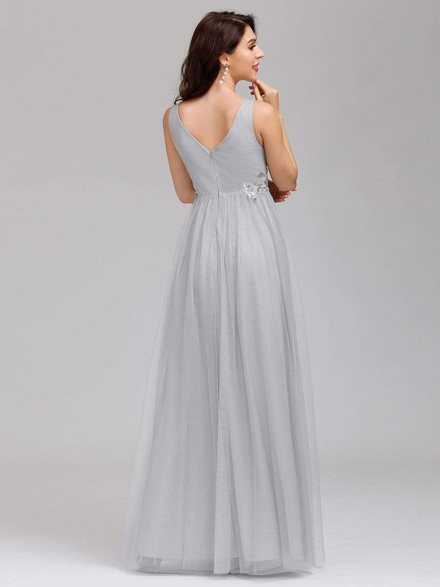 Color=Grey | Elegant Deep Double V Neck Tulle Evening Dress With Appliques-Grey 7 Color=Grey | Elegant Deep Double V Neck Tulle Evening Dress With Appliques-Grey 7