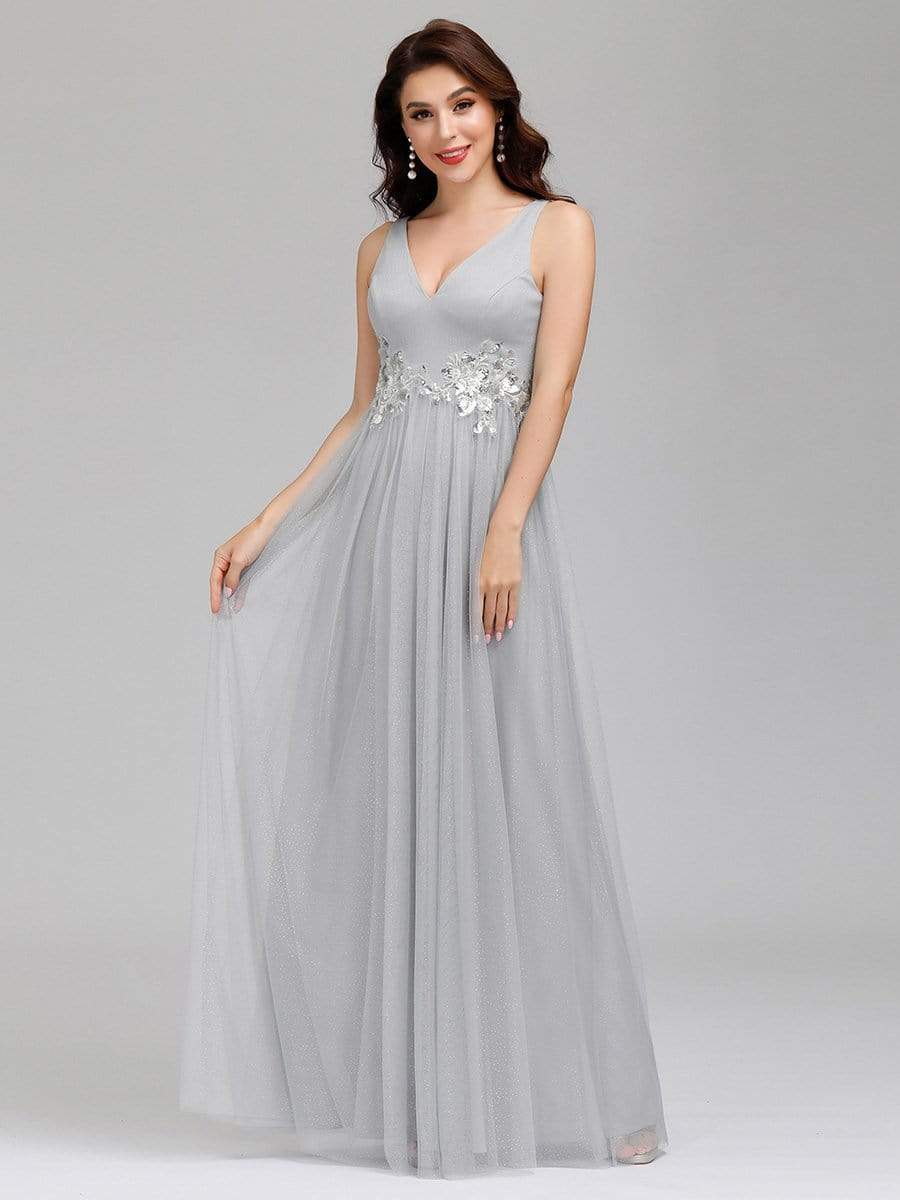 Color=Grey | Elegant Deep Double V Neck Tulle Evening Dress With Appliques-Grey 8 Color=Grey | Elegant Deep Double V Neck Tulle Evening Dress With Appliques-Grey 8