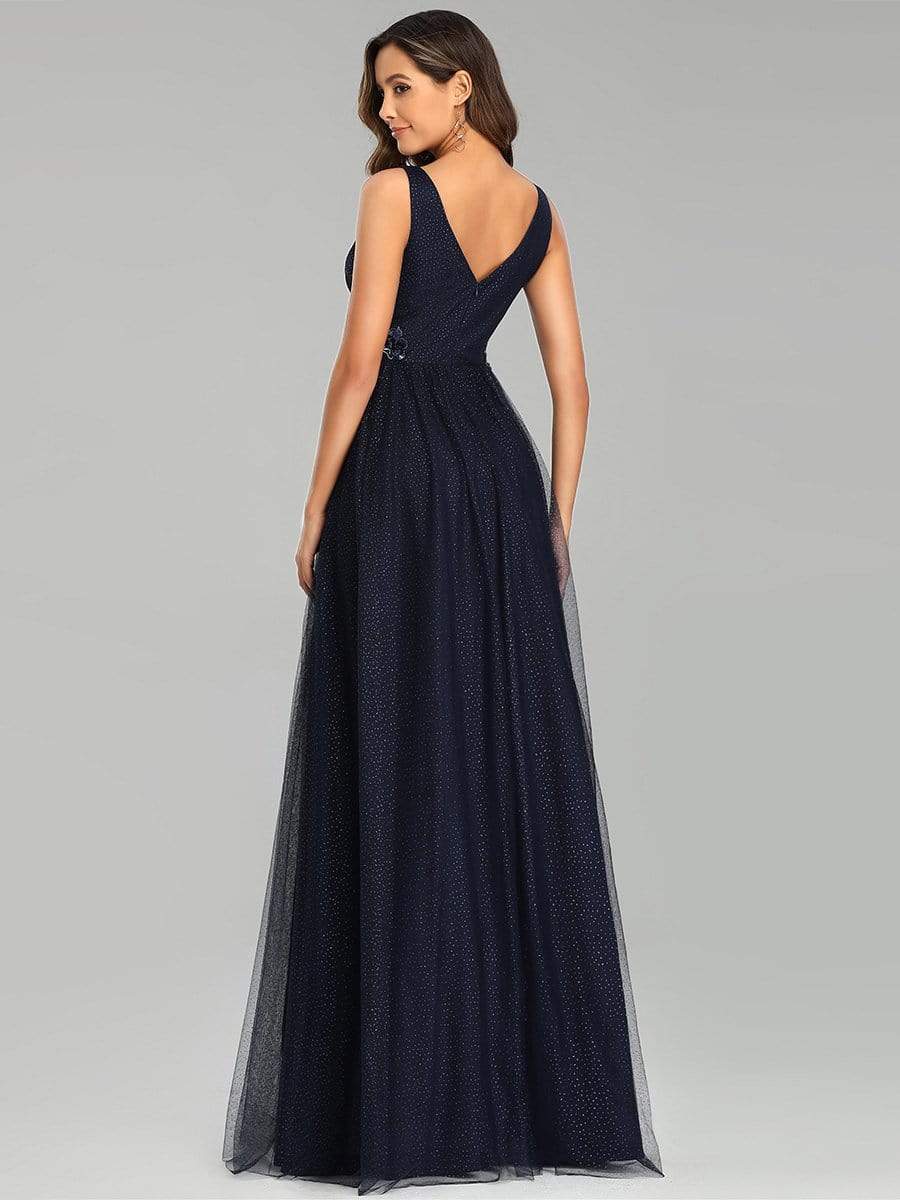 Color=Navy Blue | Elegant Deep Double V Neck Tulle Evening Dress With Appliques-Navy Blue 6 Color=Navy Blue | Elegant Deep Double V Neck Tulle Evening Dress With Appliques-Navy Blue 6