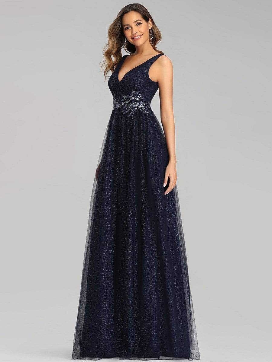 Color=Navy Blue | Elegant Deep Double V Neck Tulle Evening Dress With Appliques-Navy Blue 7 Color=Navy Blue | Elegant Deep Double V Neck Tulle Evening Dress With Appliques-Navy Blue 7
