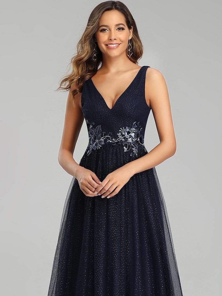 Color=Navy Blue | Elegant Deep Double V Neck Tulle Evening Dress With Appliques-Navy Blue 3 Color=Navy Blue | Elegant Deep Double V Neck Tulle Evening Dress With Appliques-Navy Blue 3