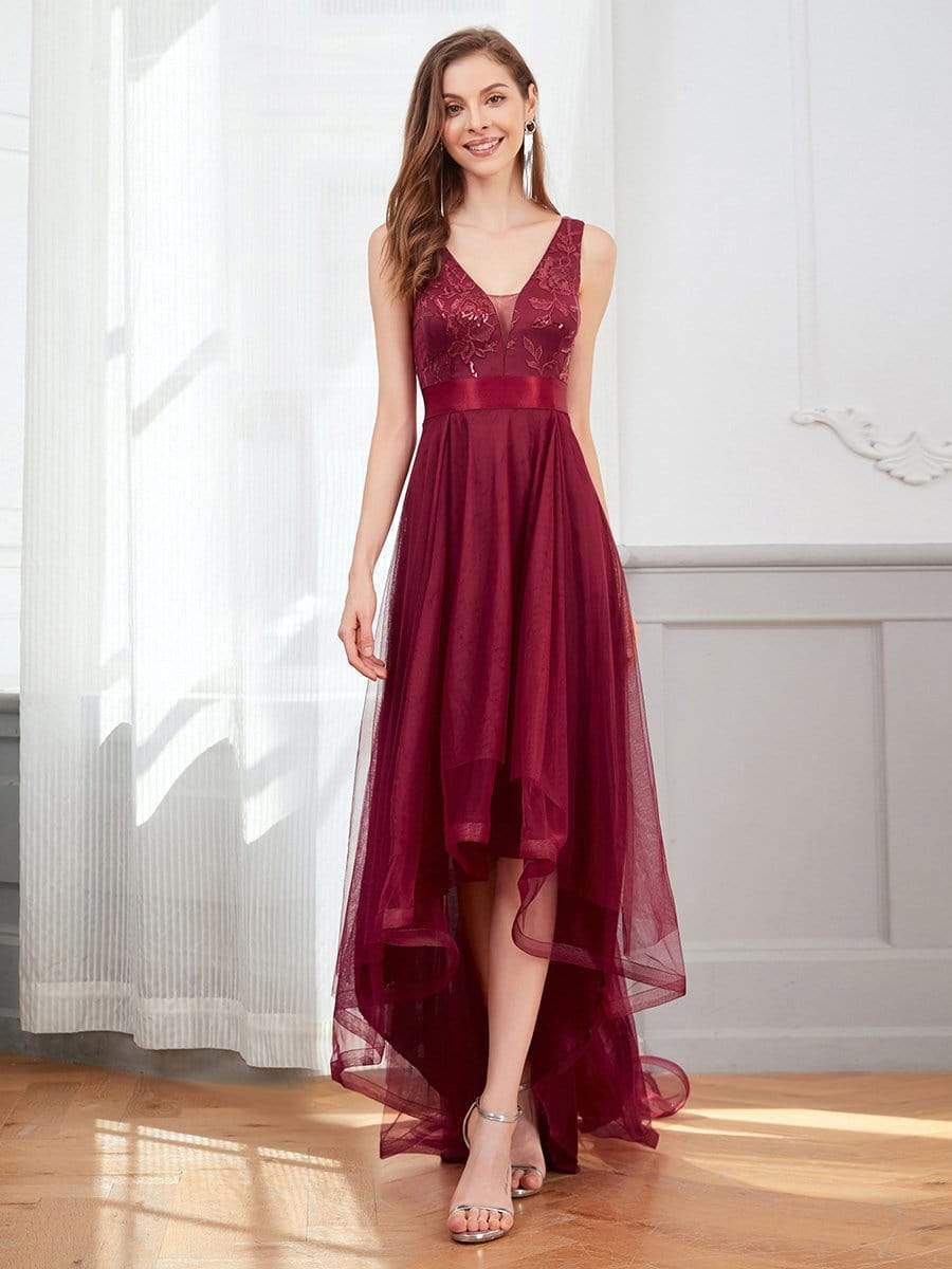 Color=Burgundy | Fashion High-Low Deep V Neck Tulle Evening Dresses With Sequin Appliques-Burgundy 1 Color=Burgundy | Fashion High-Low Deep V Neck Tulle Evening Dresses With Sequin Appliques-Burgundy 1