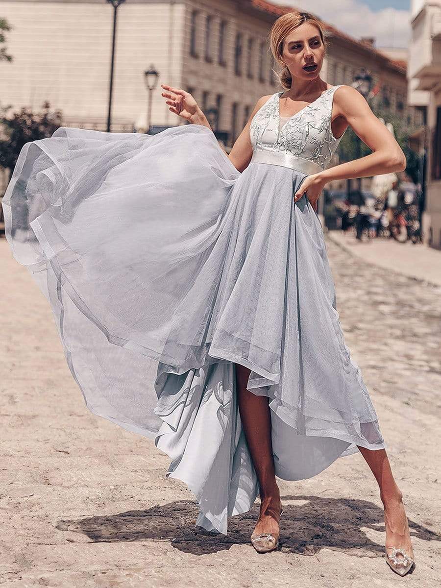 Color=Grey | Fashion High-Low Deep V Neck Tulle Evening Dresses With Sequin Appliques-Grey 4 Color=Grey | Fashion High-Low Deep V Neck Tulle Evening Dresses With Sequin Appliques-Grey 4