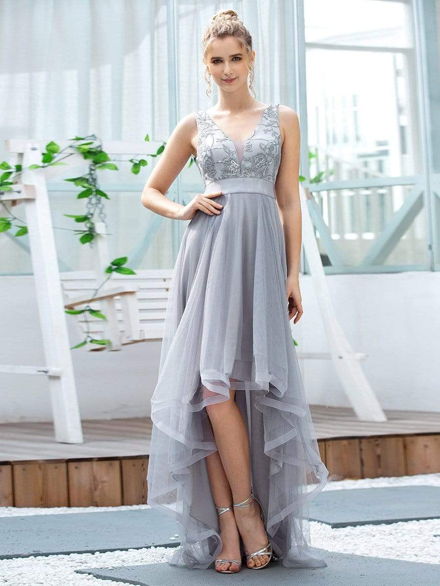 Color=Grey | Fashion High-Low Deep V Neck Tulle Evening Dresses With Sequin Appliques-Grey 11 Color=Grey | Fashion High-Low Deep V Neck Tulle Evening Dresses With Sequin Appliques-Grey 11