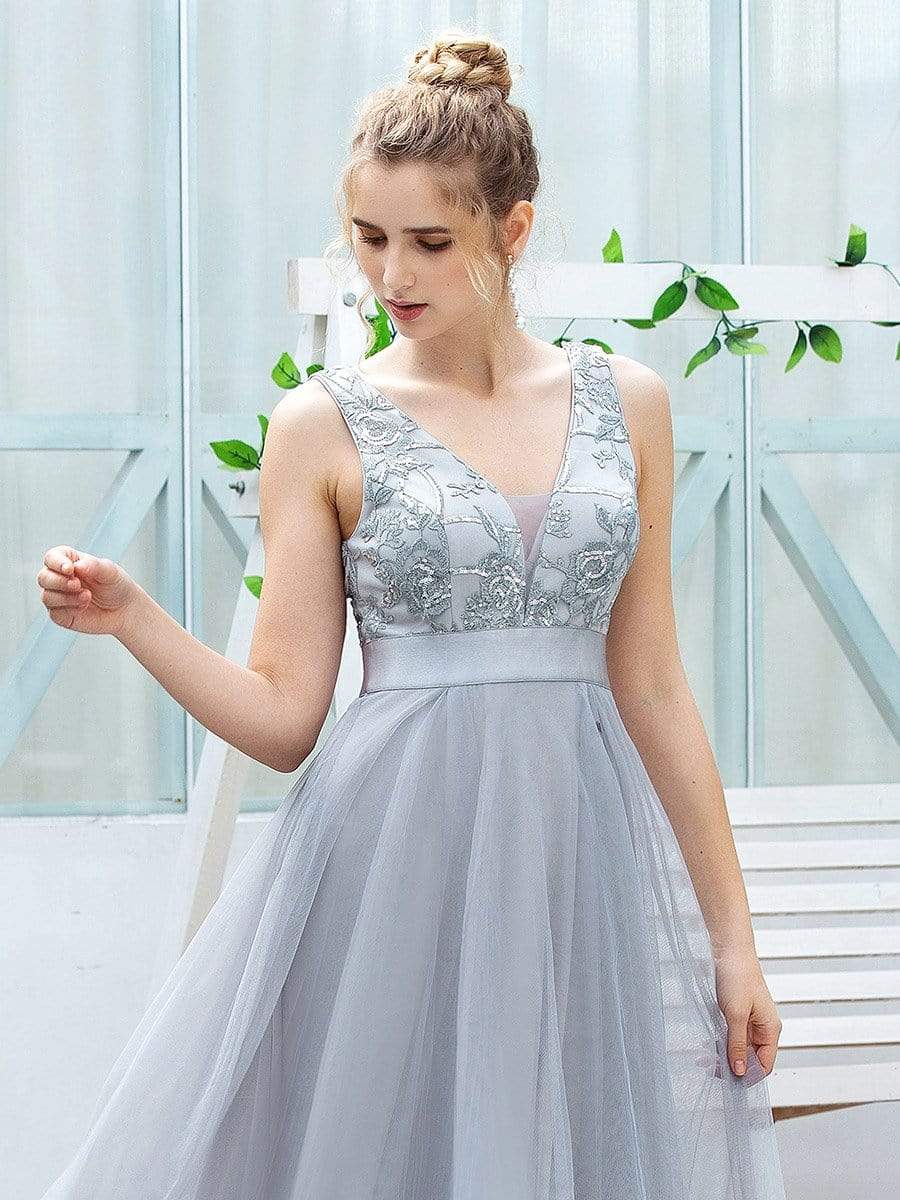 Color=Grey | Fashion High-Low Deep V Neck Tulle Evening Dresses With Sequin Appliques-Grey 12 Color=Grey | Fashion High-Low Deep V Neck Tulle Evening Dresses With Sequin Appliques-Grey 12