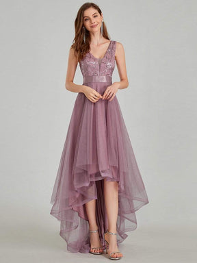 Color=Purple Orchid | Fashion High-Low Deep V Neck Tulle Evening Dresses With Sequin Appliques-Purple Orchid 6