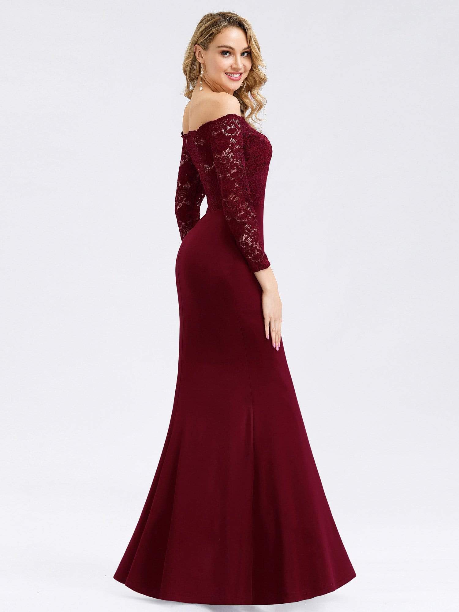 Color=Burgundy | Elegant Off Shoulder Bridesmaid Dress With Lace Sleeves-Burgundy 2 Color=Burgundy | Elegant Off Shoulder Bridesmaid Dress With Lace Sleeves-Burgundy 2