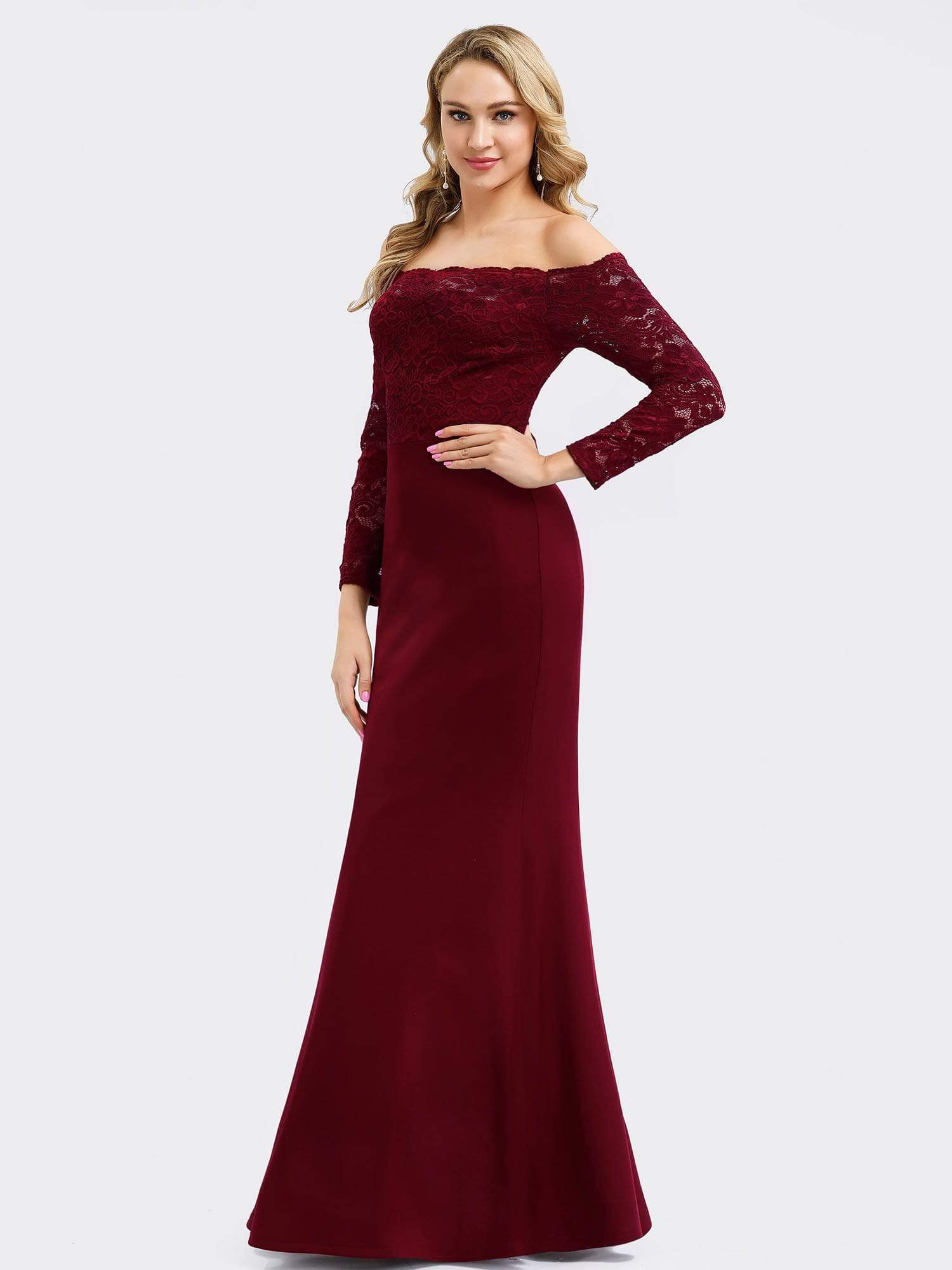 Color=Burgundy | Elegant Off Shoulder Bridesmaid Dress With Lace Sleeves-Burgundy 3 Color=Burgundy | Elegant Off Shoulder Bridesmaid Dress With Lace Sleeves-Burgundy 3
