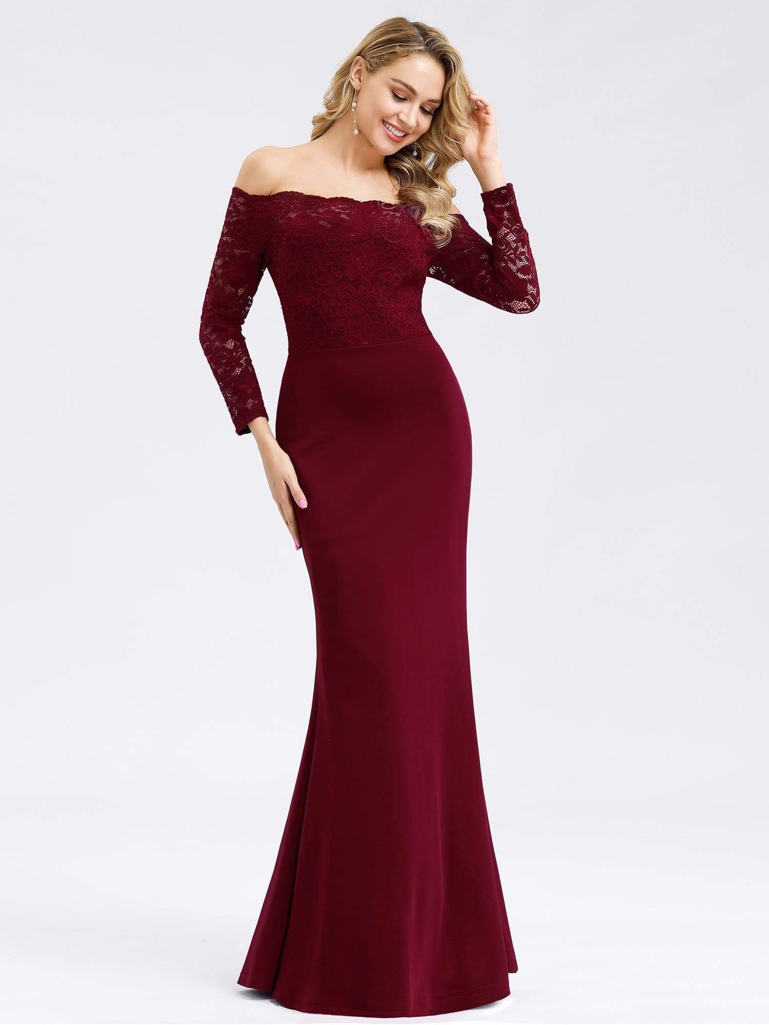 Color=Burgundy | Elegant Off Shoulder Bridesmaid Dress With Lace Sleeves-Burgundy 4 Color=Burgundy | Elegant Off Shoulder Bridesmaid Dress With Lace Sleeves-Burgundy 4