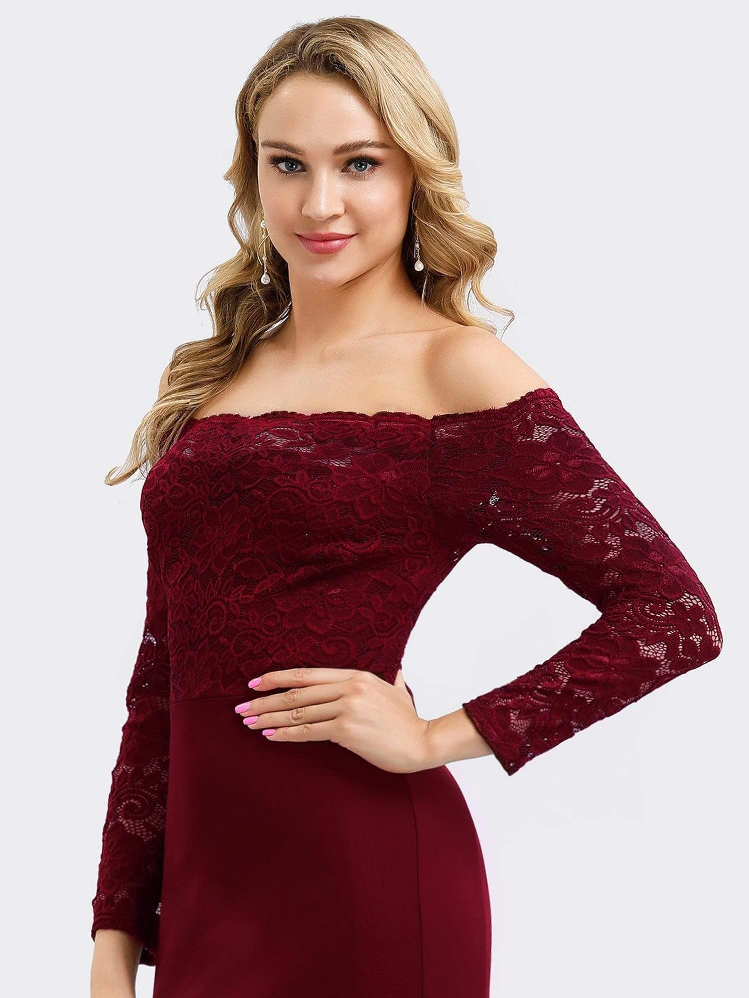 Color=Burgundy | Elegant Off Shoulder Bridesmaid Dress With Lace Sleeves-Burgundy 5 Color=Burgundy | Elegant Off Shoulder Bridesmaid Dress With Lace Sleeves-Burgundy 5