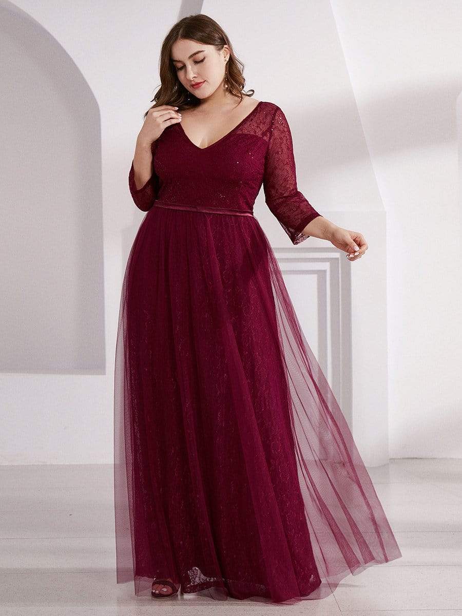 COLOR=Burgundy | Women'S V-Neck 3/4 Sleeve Plus Size Lace Wedding Dress-Burgundy 3 COLOR=Burgundy | Women'S V-Neck 3/4 Sleeve Plus Size Lace Wedding Dress-Burgundy 3