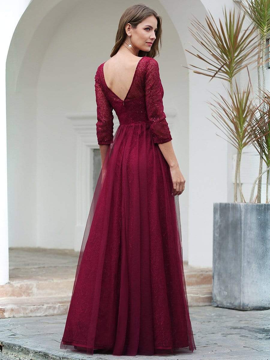 COLOR=Burgundy | Women'S V-Neck 3/4 Sleeve Lace Wedding Dress-Burgundy 2 COLOR=Burgundy | Women'S V-Neck 3/4 Sleeve Lace Wedding Dress-Burgundy 2