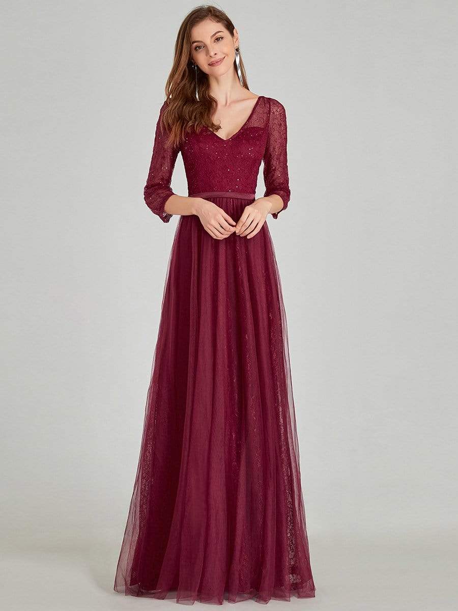 COLOR=Burgundy | Women'S V-Neck 3/4 Sleeve Lace Wedding Dress-Burgundy 6 COLOR=Burgundy | Women'S V-Neck 3/4 Sleeve Lace Wedding Dress-Burgundy 6