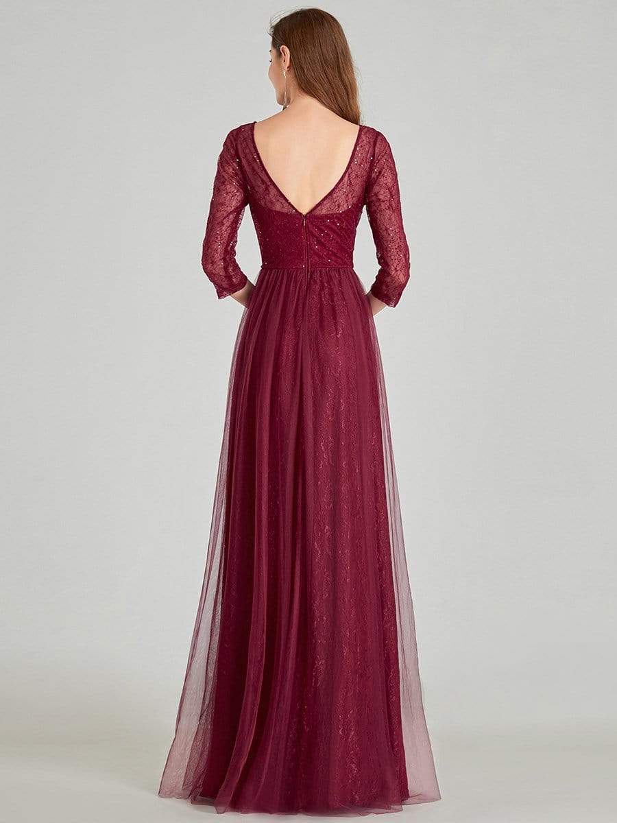 COLOR=Burgundy | Women'S V-Neck 3/4 Sleeve Lace Wedding Dress-Burgundy 7 COLOR=Burgundy | Women'S V-Neck 3/4 Sleeve Lace Wedding Dress-Burgundy 7