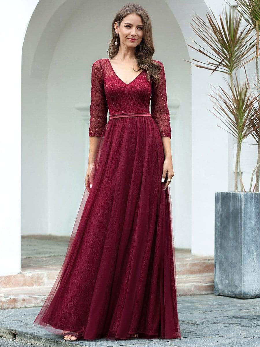 COLOR=Burgundy | Women'S V-Neck 3/4 Sleeve Lace Wedding Dress-Burgundy 1 COLOR=Burgundy | Women'S V-Neck 3/4 Sleeve Lace Wedding Dress-Burgundy 1