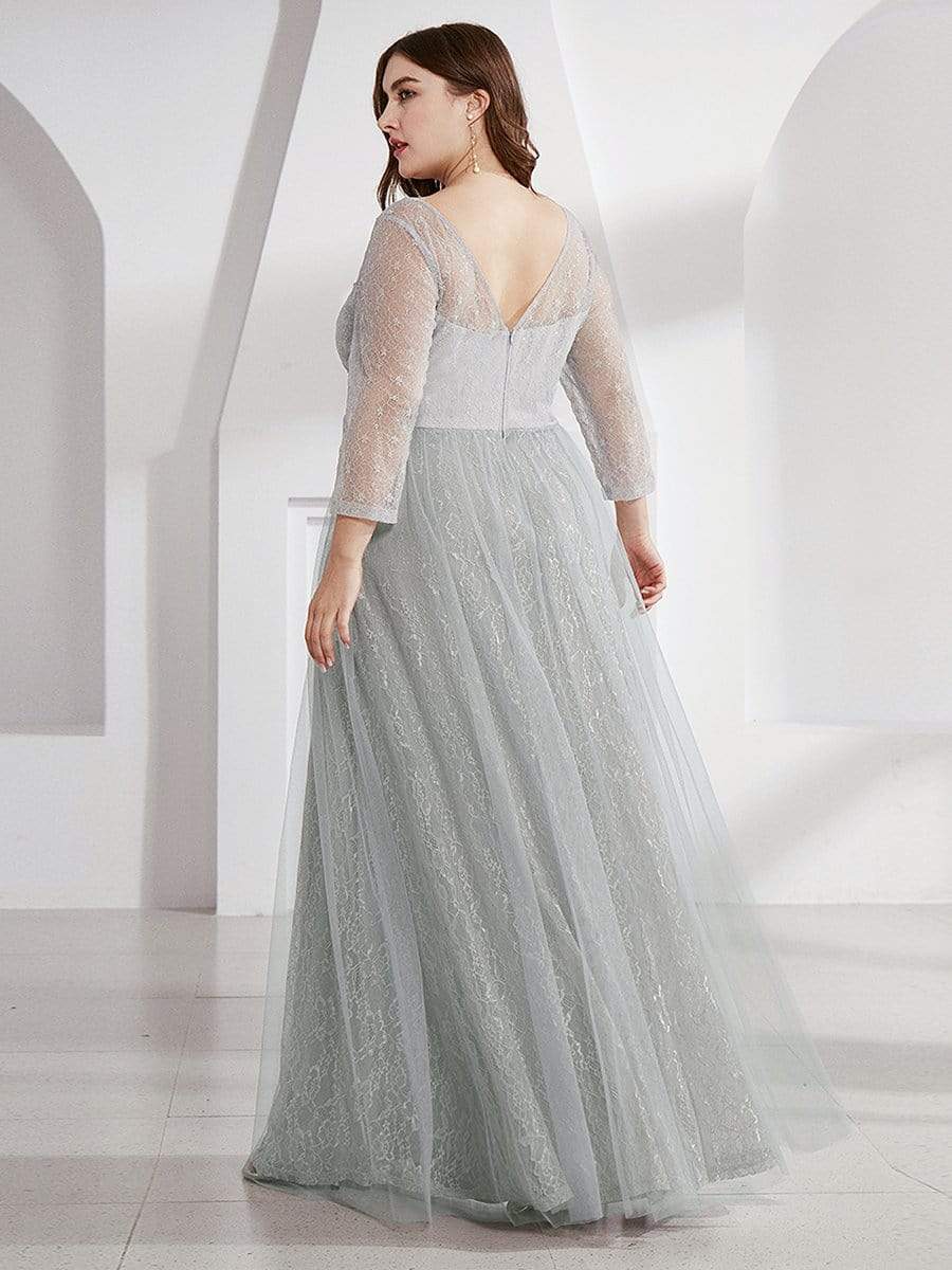 COLOR=Grey | Women'S V-Neck 3/4 Sleeve Plus Size Lace Wedding Dress-Grey 2 COLOR=Grey | Women'S V-Neck 3/4 Sleeve Plus Size Lace Wedding Dress-Grey 2