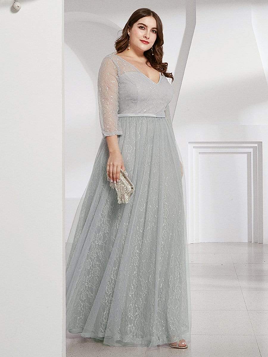 COLOR=Grey | Women'S V-Neck 3/4 Sleeve Plus Size Lace Wedding Dress-Grey 3 COLOR=Grey | Women'S V-Neck 3/4 Sleeve Plus Size Lace Wedding Dress-Grey 3