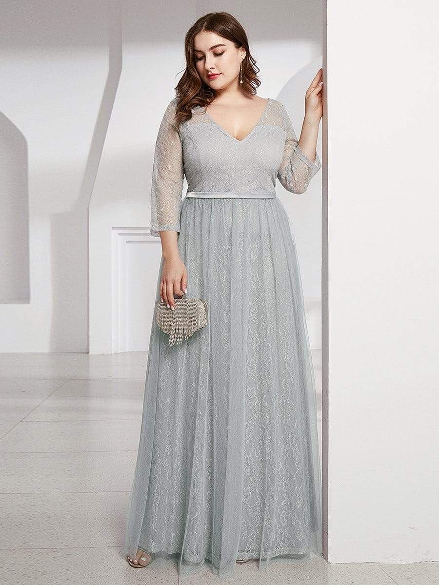 COLOR=Grey | Women'S V-Neck 3/4 Sleeve Plus Size Lace Wedding Dress-Grey 4 COLOR=Grey | Women'S V-Neck 3/4 Sleeve Plus Size Lace Wedding Dress-Grey 4