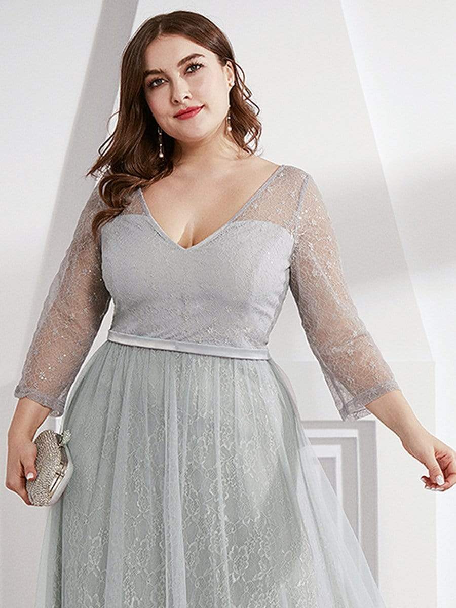 COLOR=Grey | Women'S V-Neck 3/4 Sleeve Plus Size Lace Wedding Dress-Grey 5 COLOR=Grey | Women'S V-Neck 3/4 Sleeve Plus Size Lace Wedding Dress-Grey 5