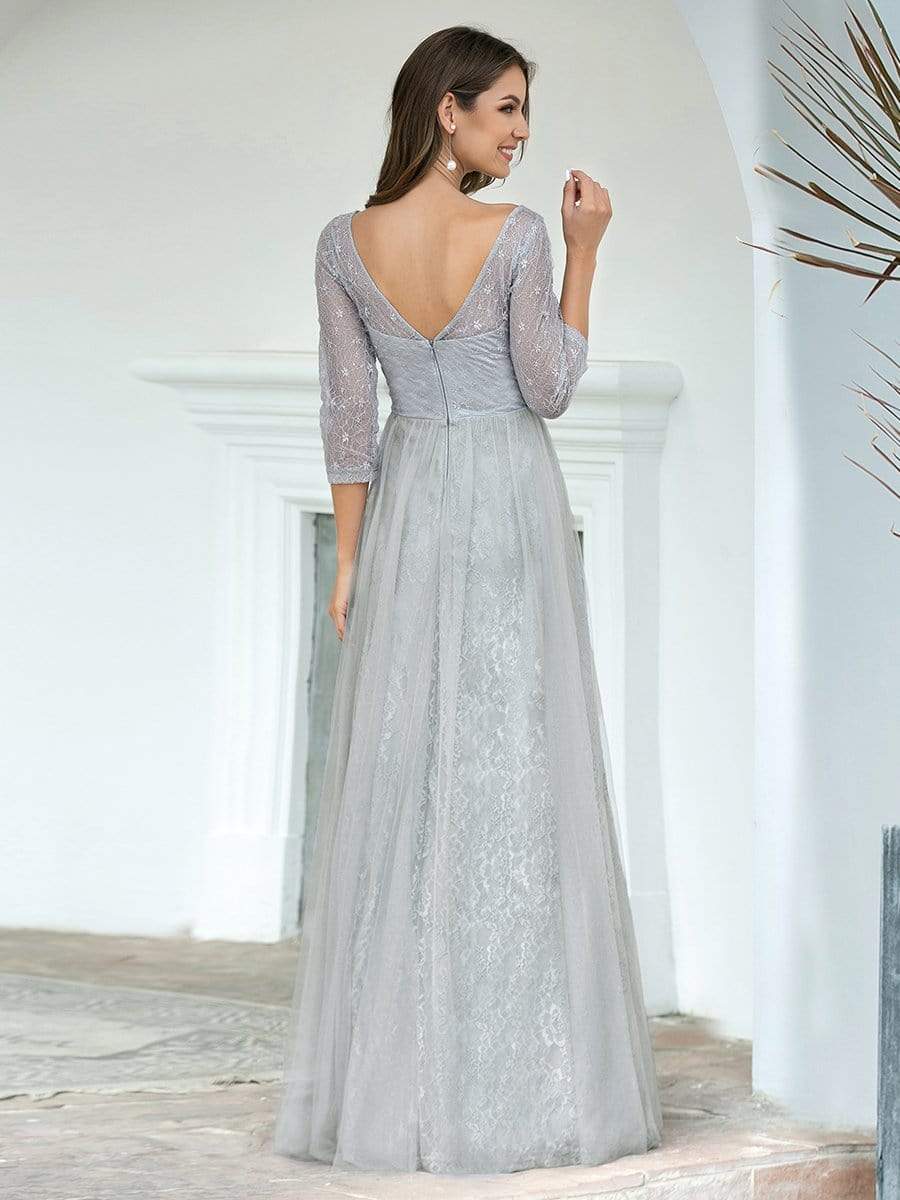COLOR=Grey | Women'S V-Neck 3/4 Sleeve Lace Wedding Dress-Grey 2 COLOR=Grey | Women'S V-Neck 3/4 Sleeve Lace Wedding Dress-Grey 2