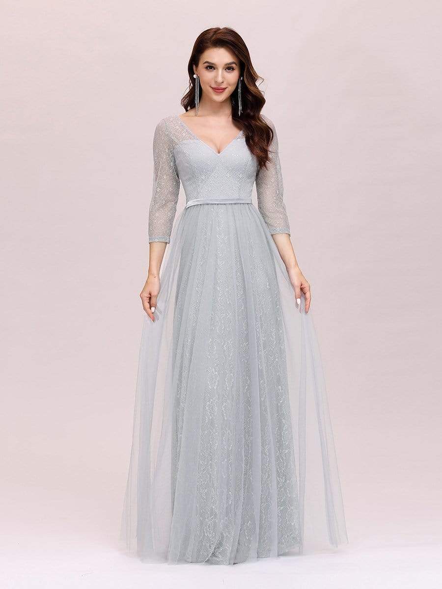 COLOR=Grey | Women'S V-Neck 3/4 Sleeve Lace Wedding Dress-Grey 3 COLOR=Grey | Women'S V-Neck 3/4 Sleeve Lace Wedding Dress-Grey 3