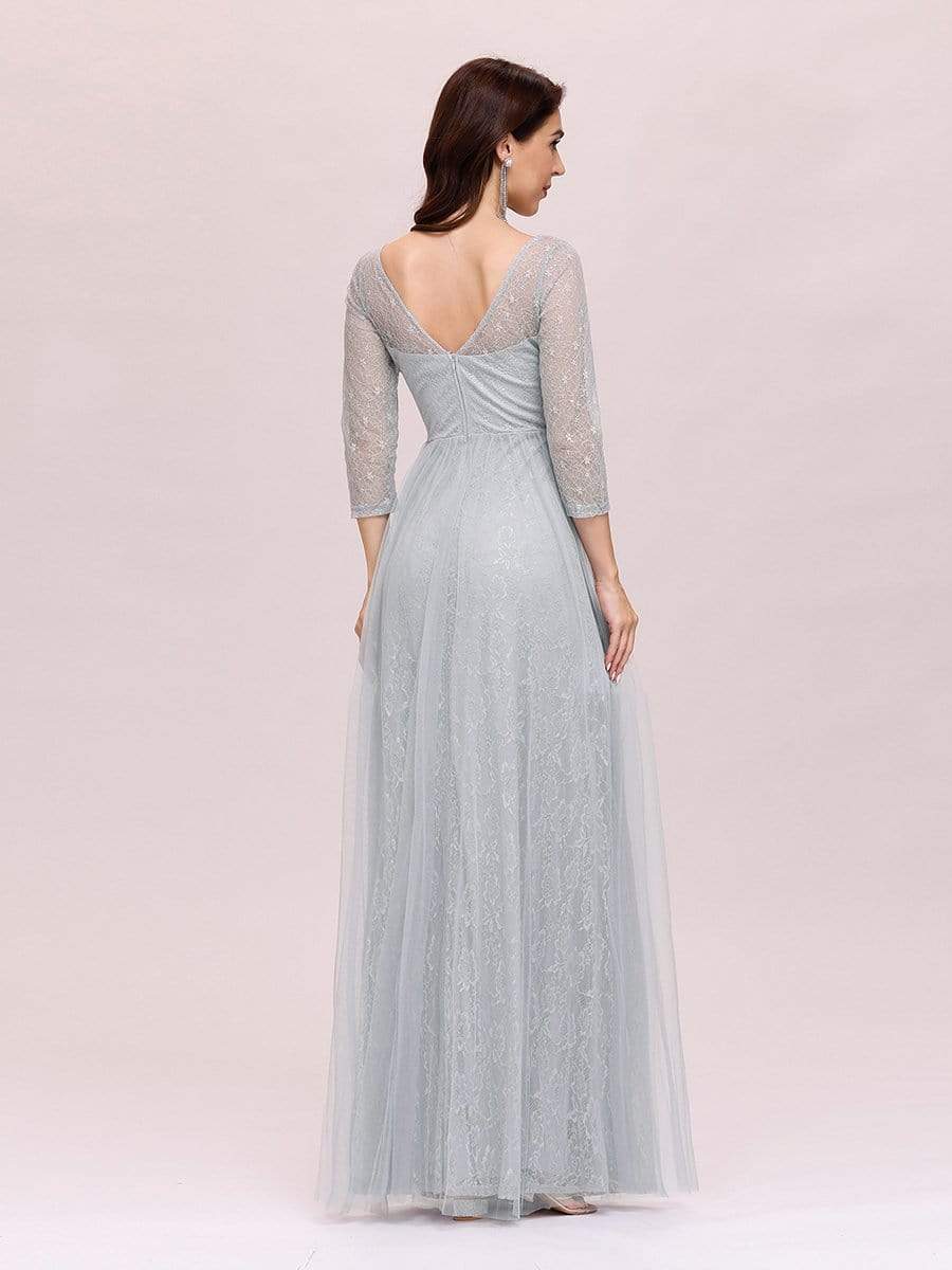 COLOR=Grey | Women'S V-Neck 3/4 Sleeve Lace Wedding Dress-Grey 4 COLOR=Grey | Women'S V-Neck 3/4 Sleeve Lace Wedding Dress-Grey 4